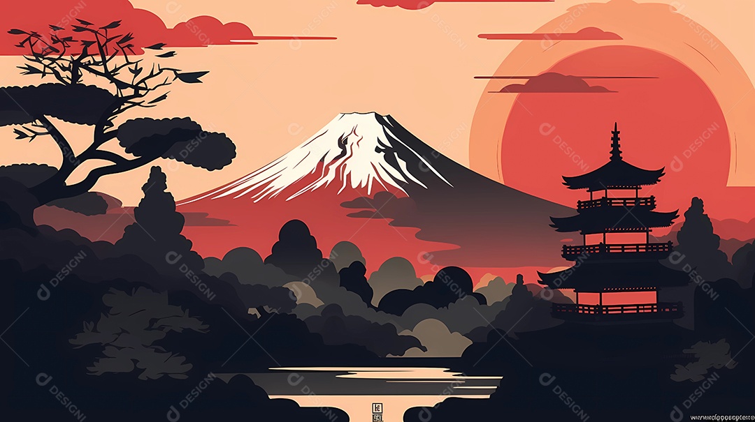 Design de ilustração japonesa colorida da natureza, edifícios e vida selvagem