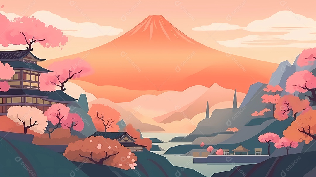 Design de ilustração japonesa colorida da natureza, edifícios e vida selvagem