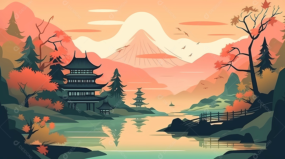 Design de ilustração japonesa colorida da natureza, edifícios e vida selvagem