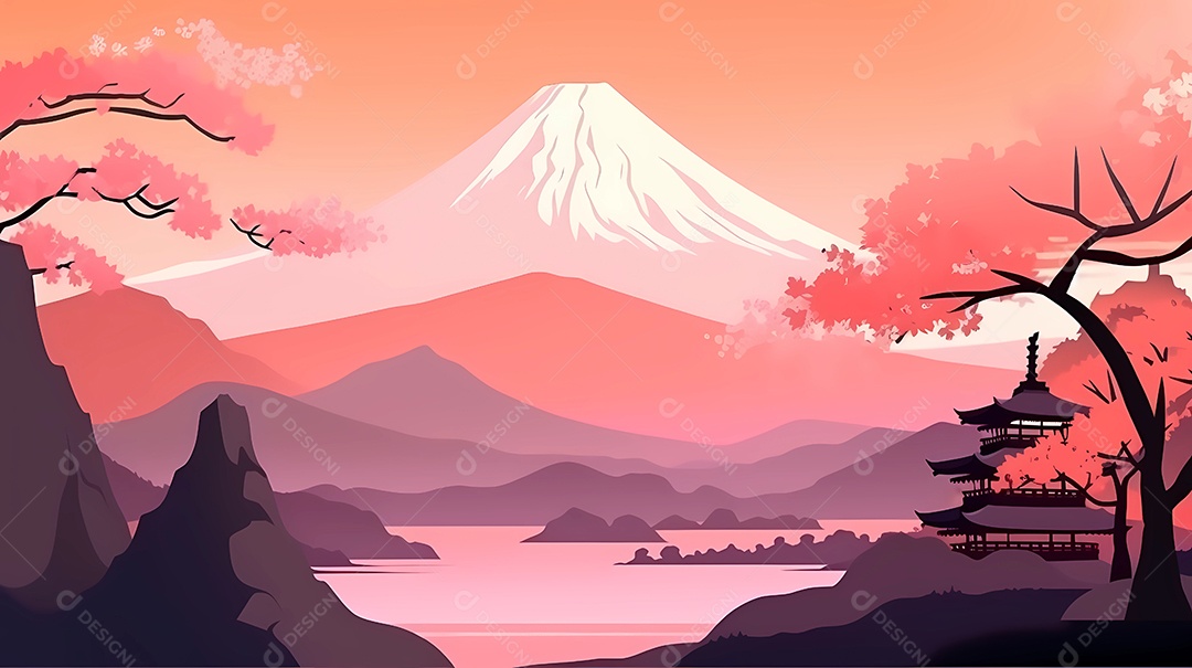 Design de ilustração japonesa colorida da natureza, edifícios e vida selvagem