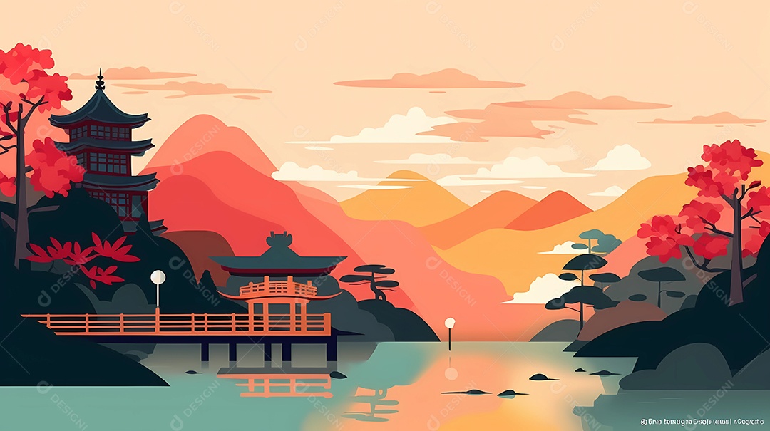 Design de ilustração japonesa colorida da natureza, edifícios e vida selvagem