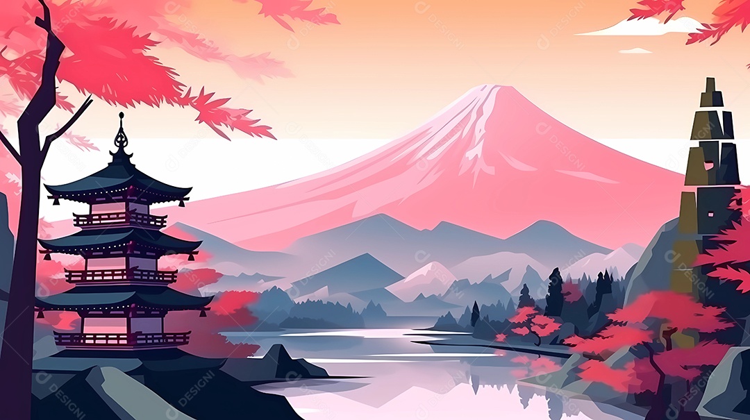 Design de ilustração japonesa colorida da natureza, edifícios e vida selvagem.