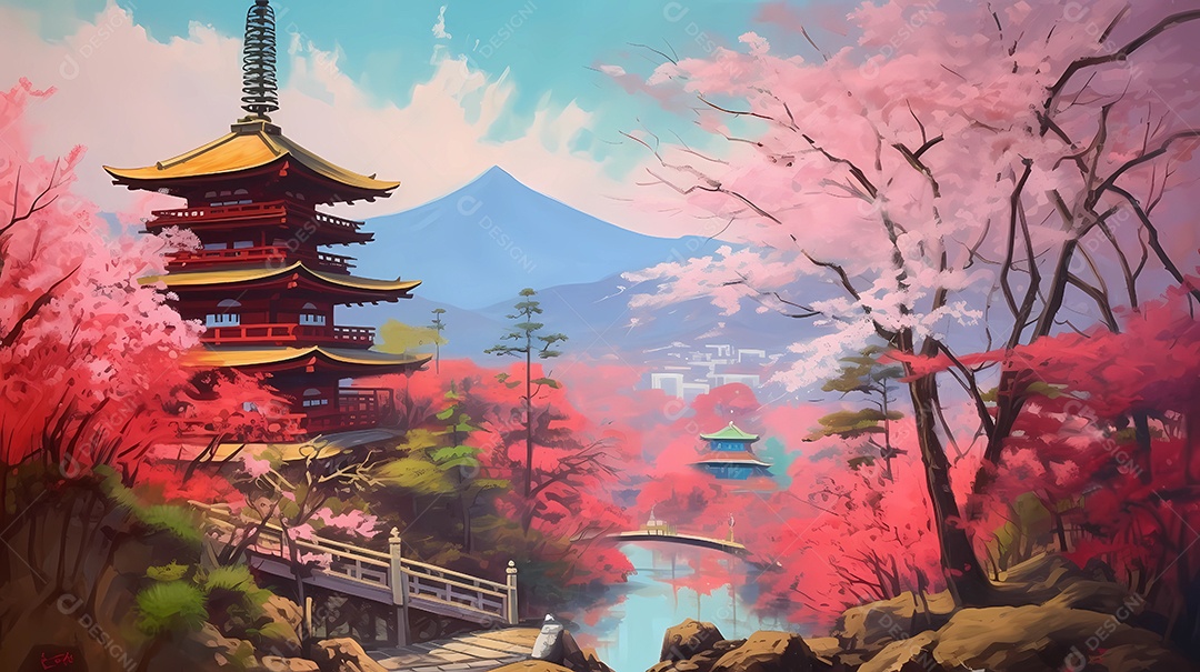 Design de ilustração japonesa colorida da natureza, edifícios e vida selvagem.