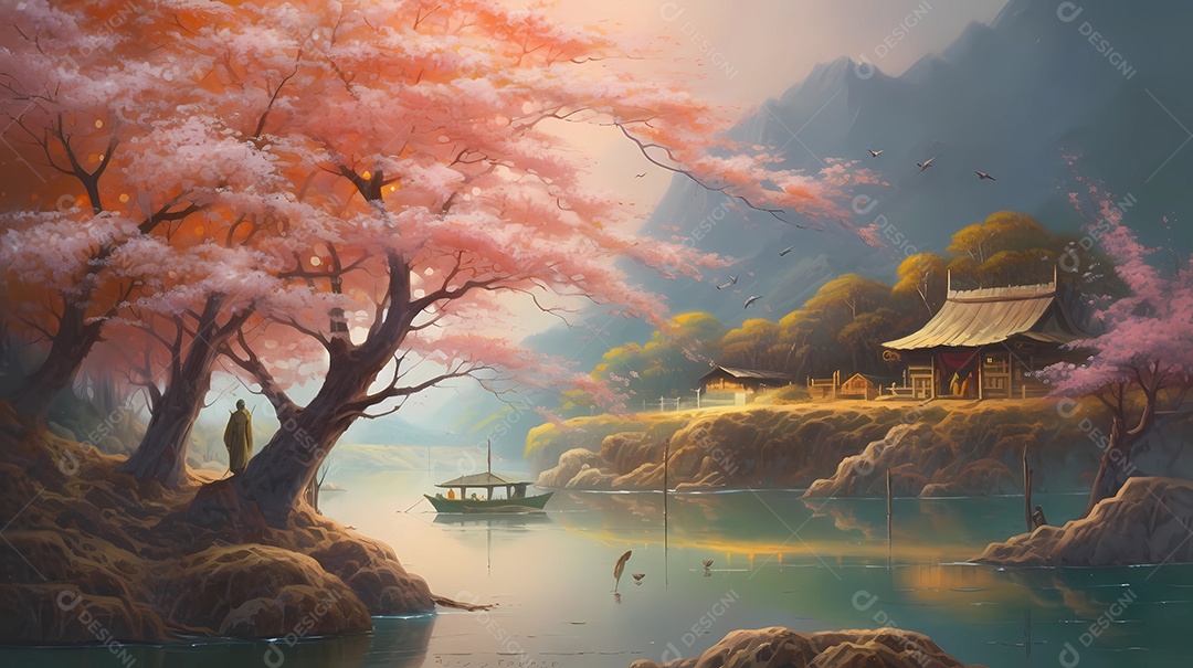 design de ilustração japonesa colorida da natureza, edifícios e vida selvagem.