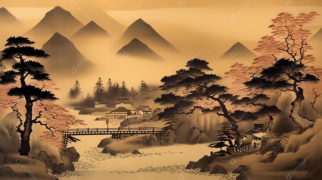 Design de ilustração japonesa colorida da natureza, edifícios e vida selvagem.