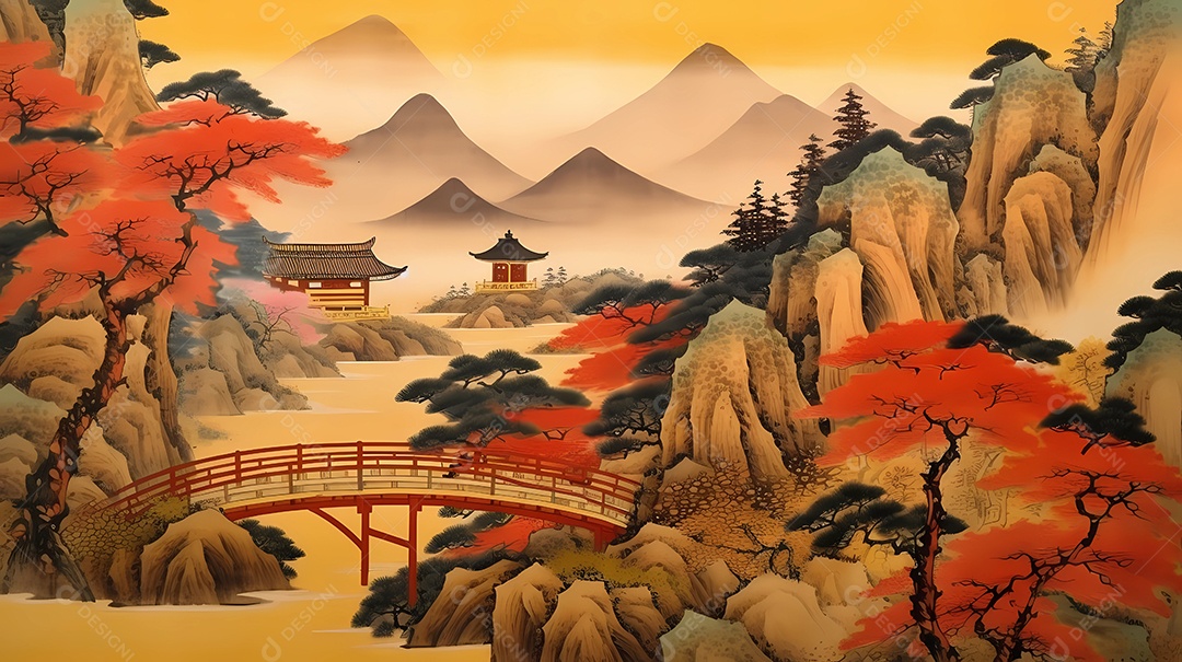 design de ilustração japonesa colorida da natureza, edifícios e vida selvagem