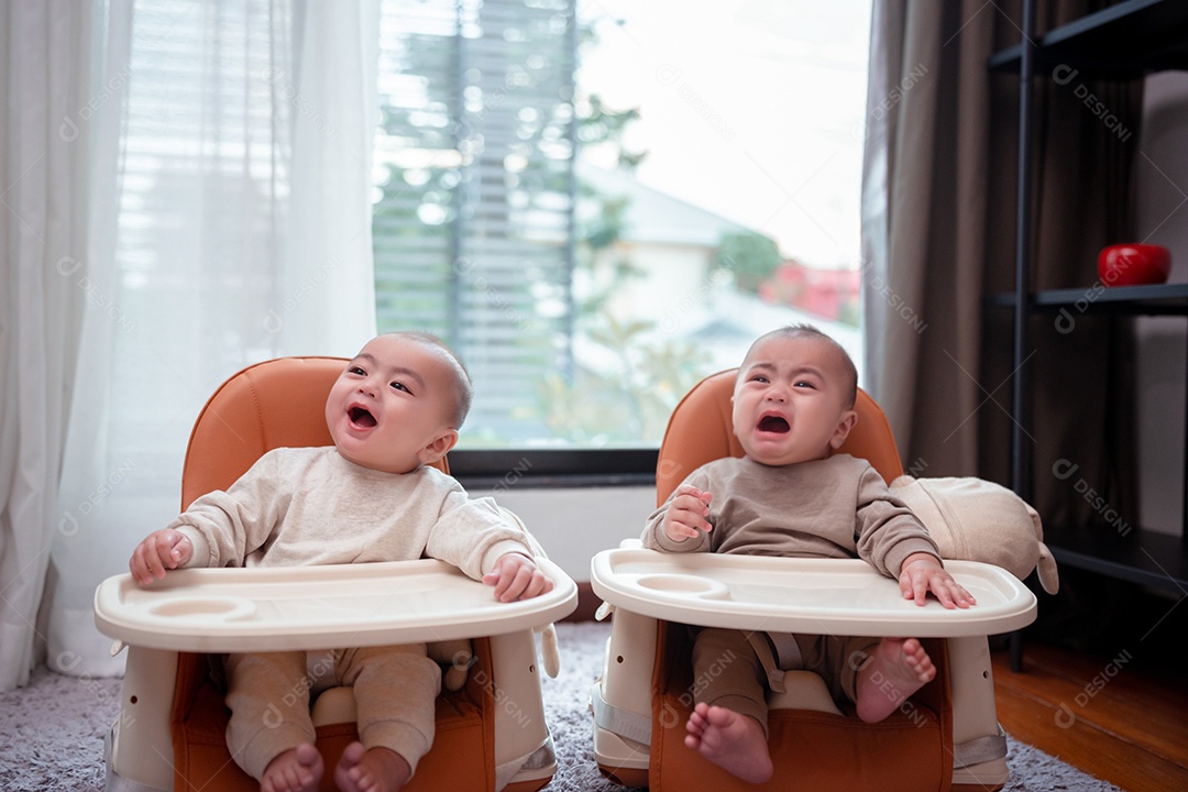 Bebê gêmeo recém-nascido no carrinho de bebê em casa.