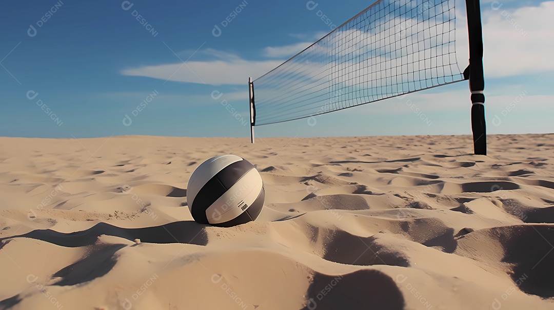 bola de vôlei na areia da praia com espaço de cópia ou área de texto.
