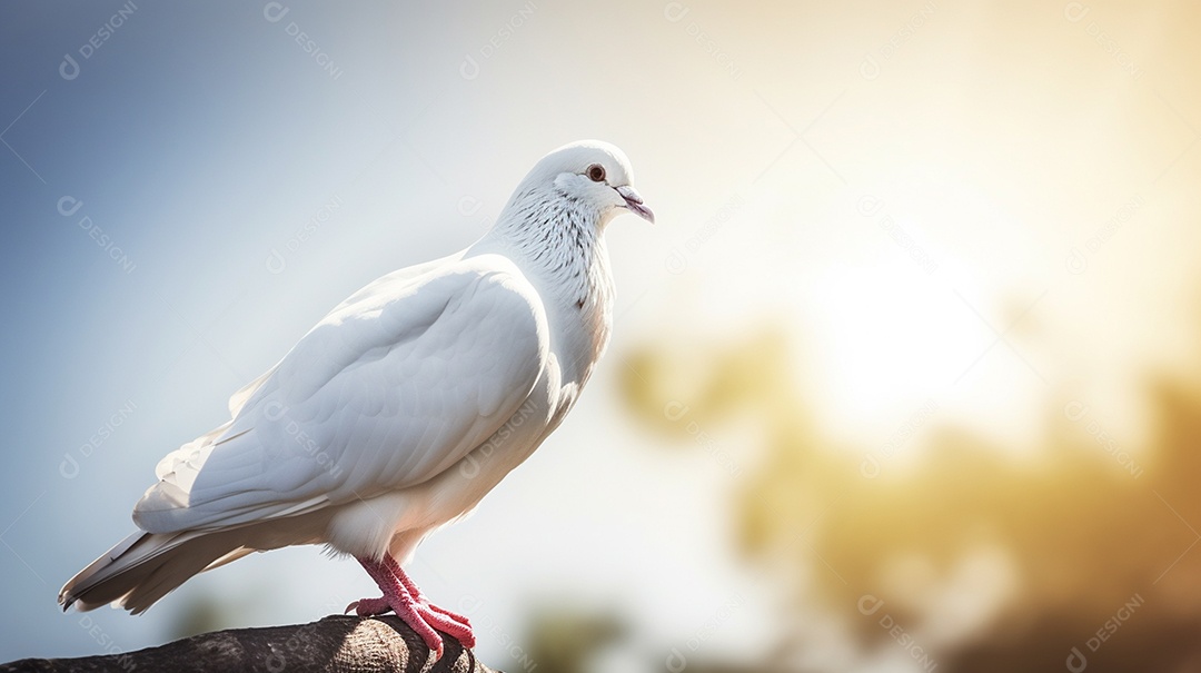 Pombo sentado em um galho com céu azul e fundo de nuvens.