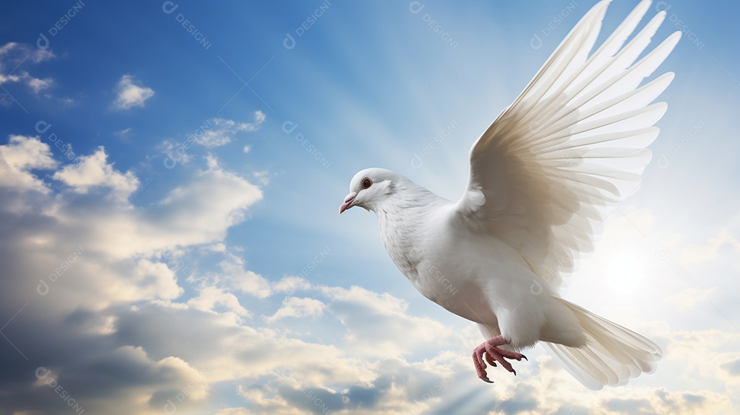 Pomba branca voadora sobre um fundo de céu azul com nuvens brancas.