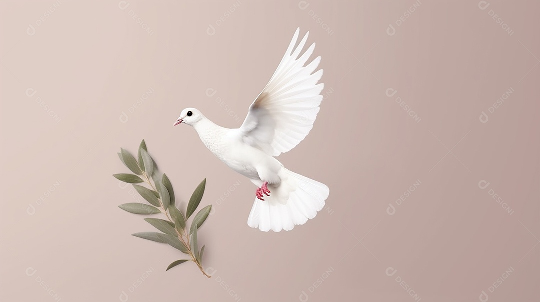 Pombo branco voador com ramo de oliveira sobre fundo bege pastel.