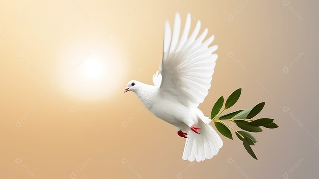 Pombo branco com ramo de oliveira sobre fundo bege.