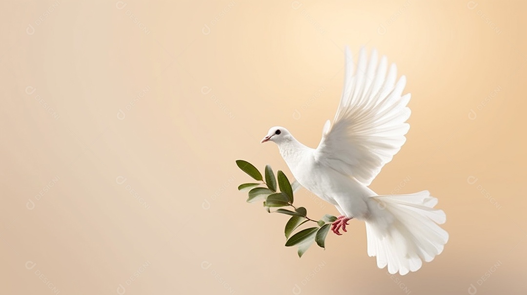 Pombo branco com ramo de oliveira sobre fundo bege. Conceito do Dia Internacional da Paz