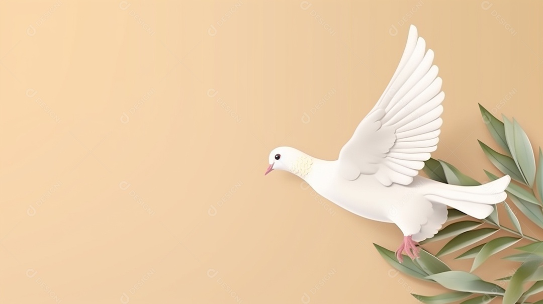 Pombo branco com ramo de oliveira sobre fundo bege. Conceito do Dia Internacional da Paz