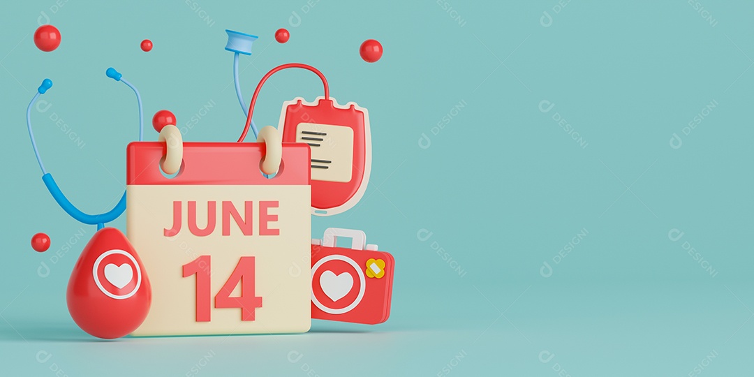 Calendário de 14 de junho com saco de sangue, caixa de primeiros socorros, estetoscópio. Renderização 3d do conceito do dia mundial do doador de sangue.