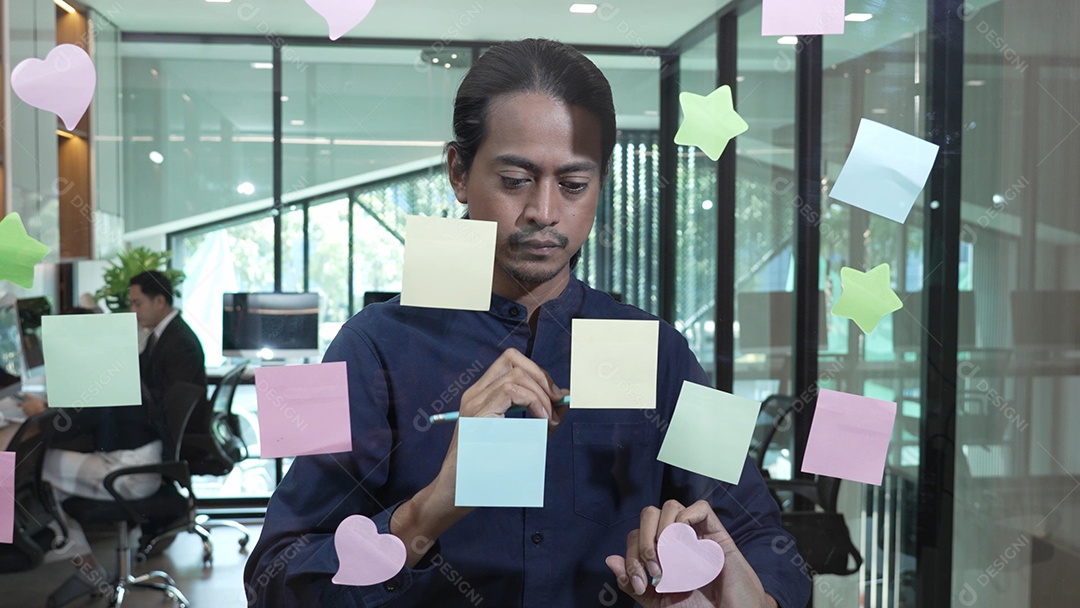 Homem de negócios jovem com brainstorming de trabalho em equipe usando post-its para compartilhar ideias na parede de vidro