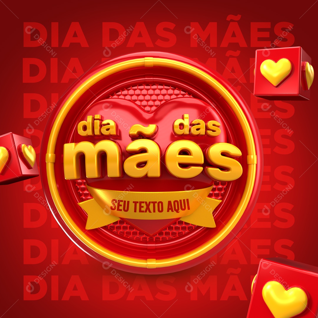 Selo 3D Dia Das Mães Vermelho Coração Amarelo Para Composição PSD