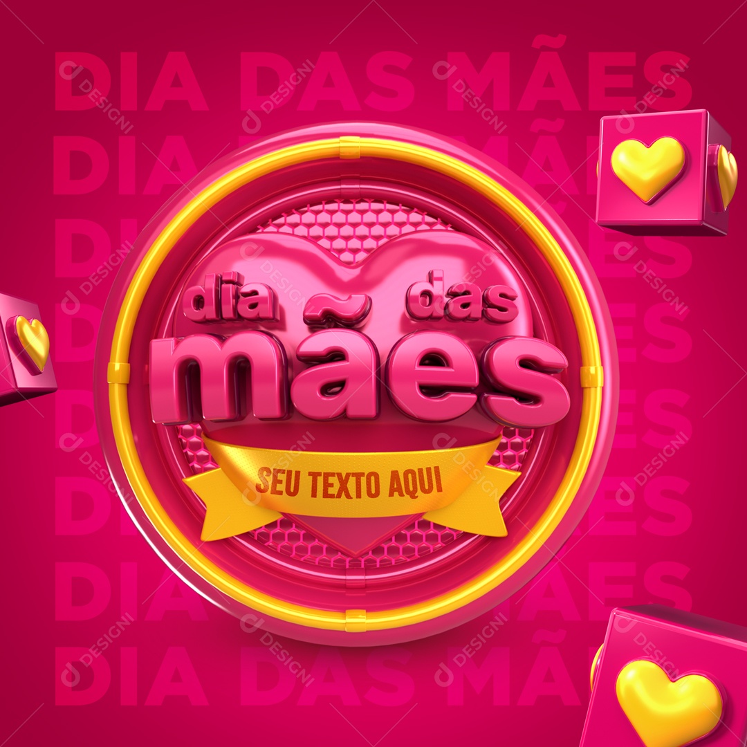Selo 3D Dia Das Mães Rosa Coração Amarelo Para Composição PSD