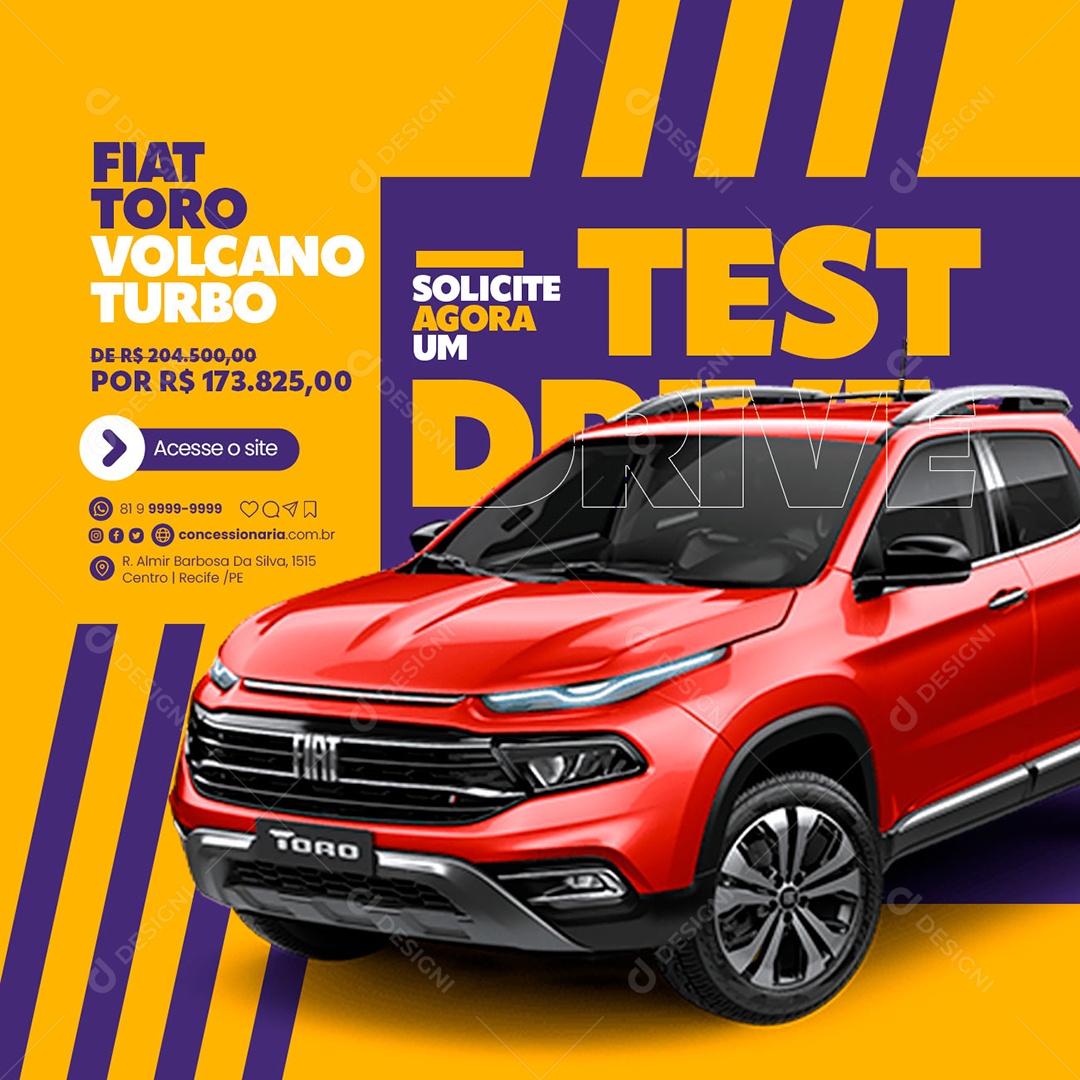 Concessionária Fiat Toro Volcano Turbo Solicite Test Agora Um Drive Social Media PSD Editável