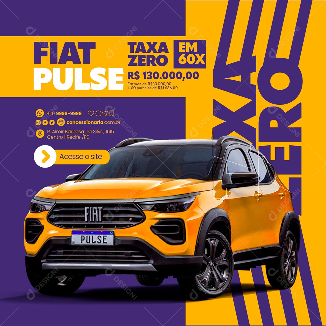 Fiat Pulse Taxa Zero Em 60x 130.000,00 Concessionária Social Media PSD Editável