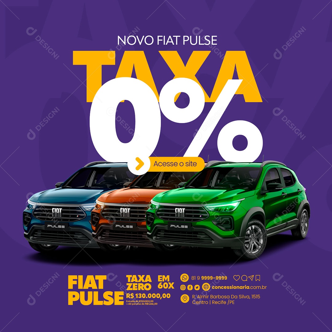 Novo Fiat Pulse Taxa 0% Concessionária Social Media PSD Editável