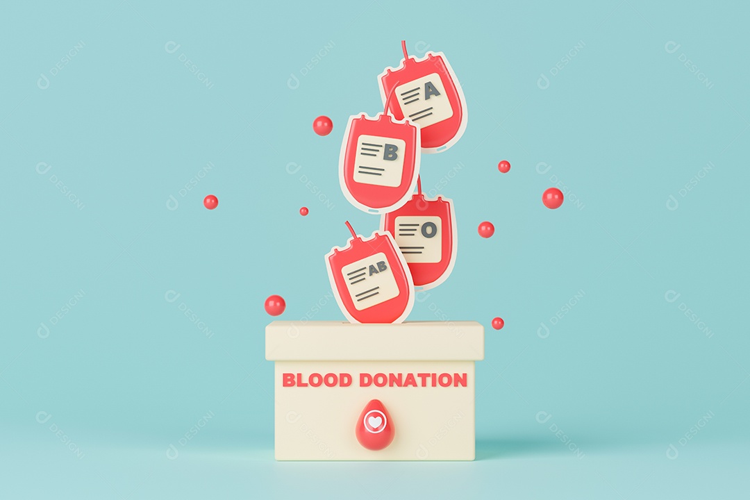 Ilustração 3d do conceito de doação de sangue. Sacos de sangue com caixa de doação em fundo azul claro.