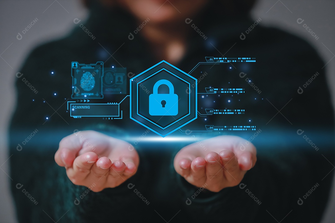 Cibersegurança e privacidade e proteger o conceito de dados. ícone de chave de bloqueio e tecnologia de segurança de rede de internet. Empresário protegendo dados pessoais em smartphone, interfaces de tela virtual.