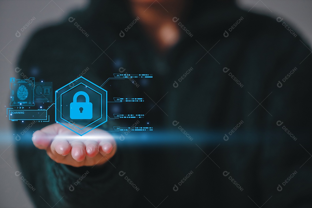 Cibersegurança e privacidade e proteger o conceito de dados. ícone de chave de bloqueio e tecnologia de segurança de rede de internet. Empresário protegendo dados pessoais em smartphone, interfaces de tela virtual.