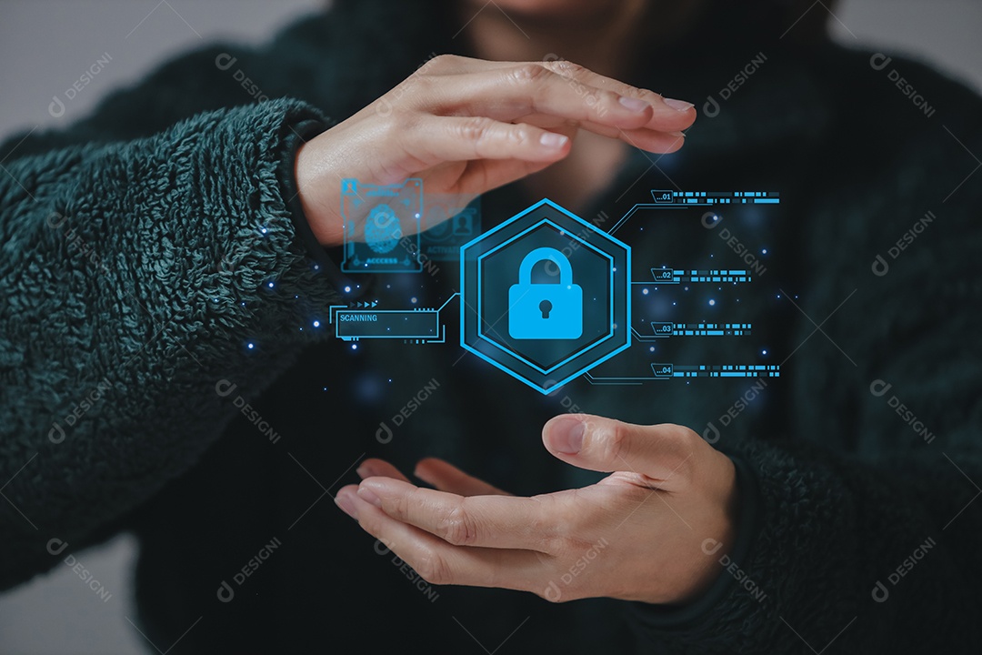 Cibersegurança e privacidade e proteger o conceito de dados. ícone de chave de bloqueio e tecnologia de segurança de rede de internet. Empresário protegendo dados pessoais em smartphone, interfaces de tela virtual.