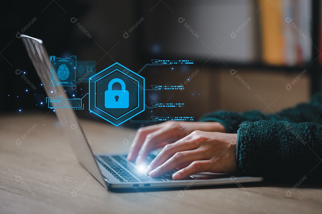 Cibersegurança e privacidade e proteger o conceito de dados. ícone de chave de bloqueio e tecnologia de segurança de rede de internet. Empresário protegendo dados pessoais em smartphone, interfaces de tela virtual.