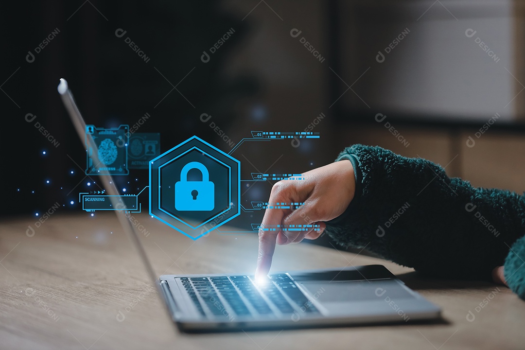 Cibersegurança e privacidade e proteger o conceito de dados. ícone de chave de bloqueio e tecnologia de segurança de rede de internet. Empresário protegendo dados pessoais em smartphone, interfaces de tela virtual.