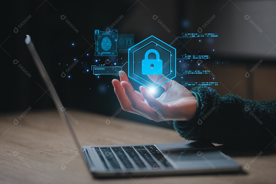 Cibersegurança e privacidade e proteger o conceito de dados. ícone de chave de bloqueio e tecnologia de segurança de rede de internet. Empresário protegendo dados pessoais em smartphone, interfaces de tela virtual.