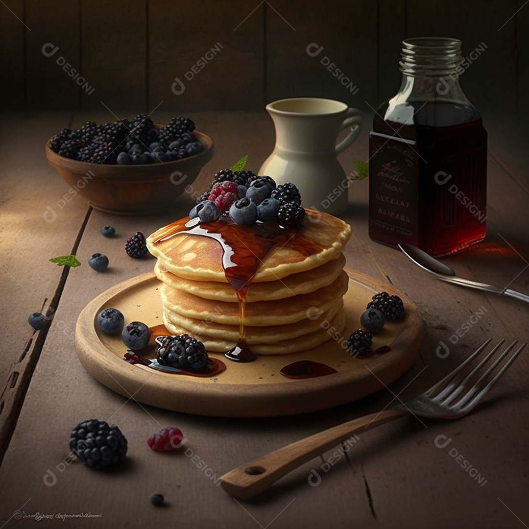 Deliciosas panquecas com caldas e frutas vermelhas