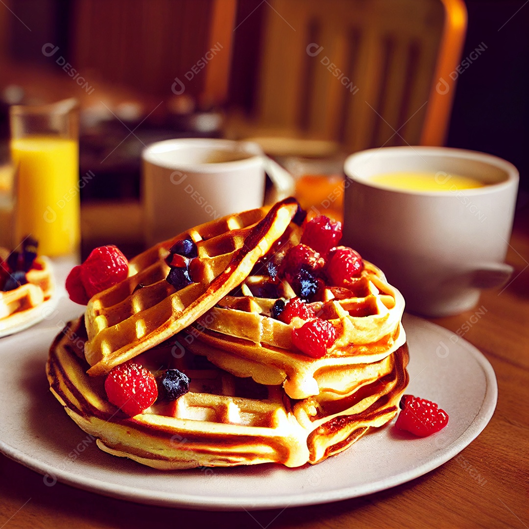 Deliciosas panquecas com caldas e frutas vermelhas