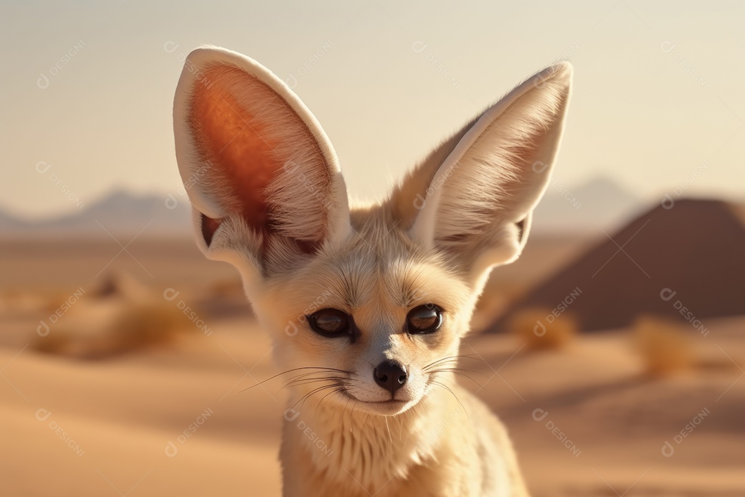 Linda raposa fennec no deserto olhando para a câmera
