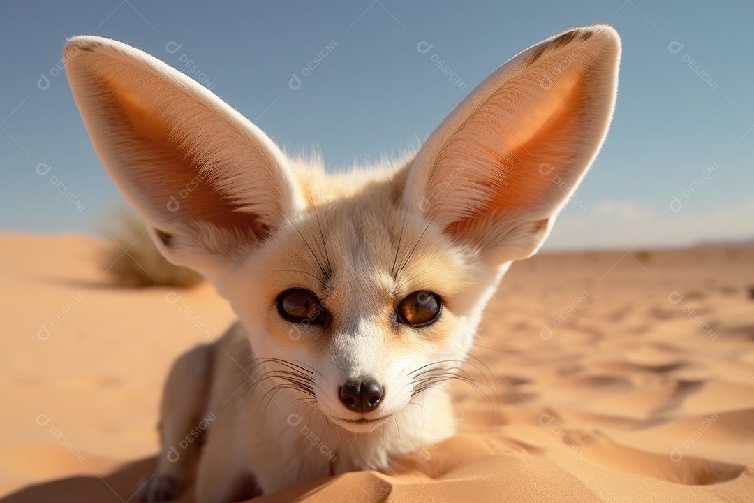 Linda raposa fennec no deserto olhando para a câmera