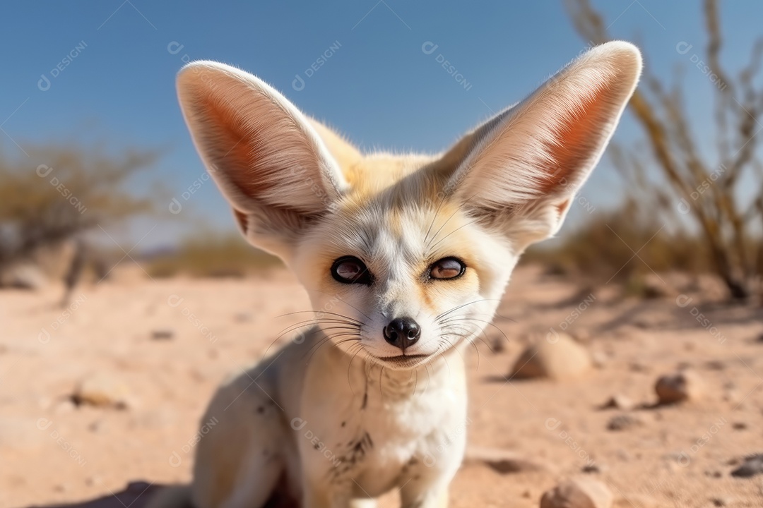 Linda raposa fennec no deserto olhando para a câmera