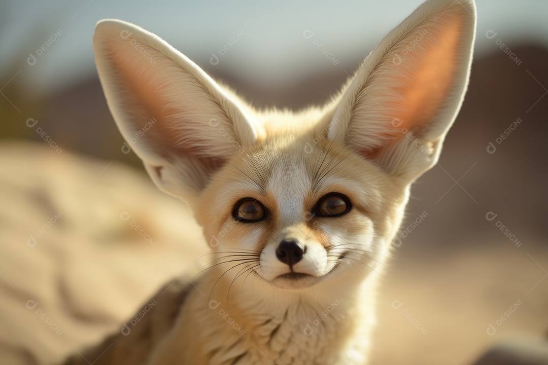 Linda raposa fennec no deserto olhando para a câmera