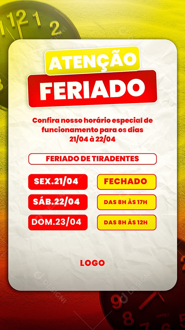 Story Horário de Funcionamento Feriado de Tiradentes Social Media PSD Editável