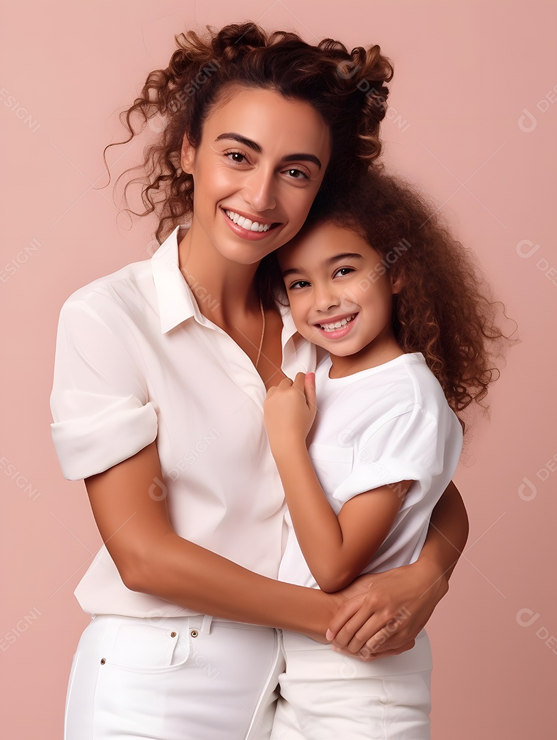 Linda mulher mãe ao lado de sua filha sobre fundo isolado