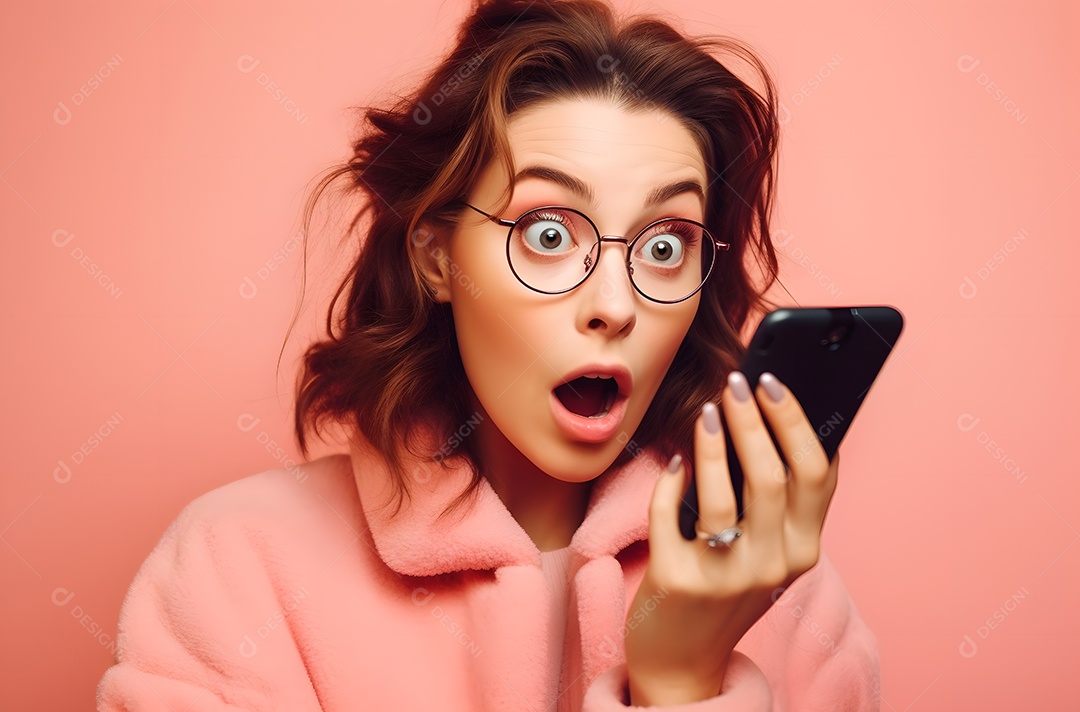 Linda mulher jovem usando óculos segurando celular smartphone