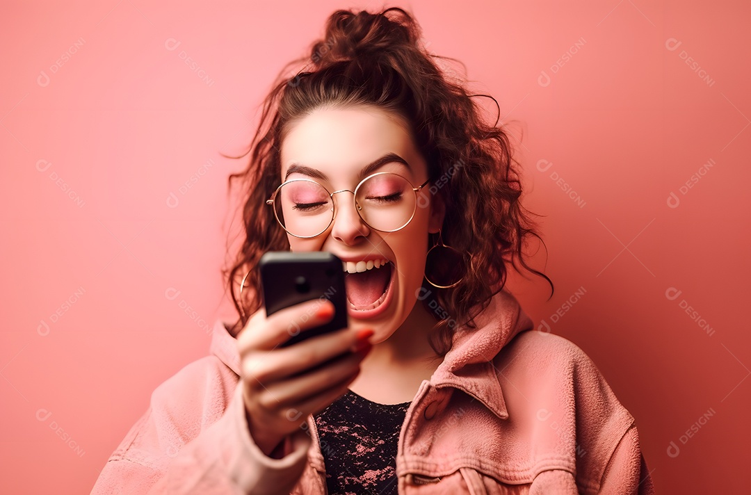 Linda mulher jovem usando óculos segurando celular smartphone