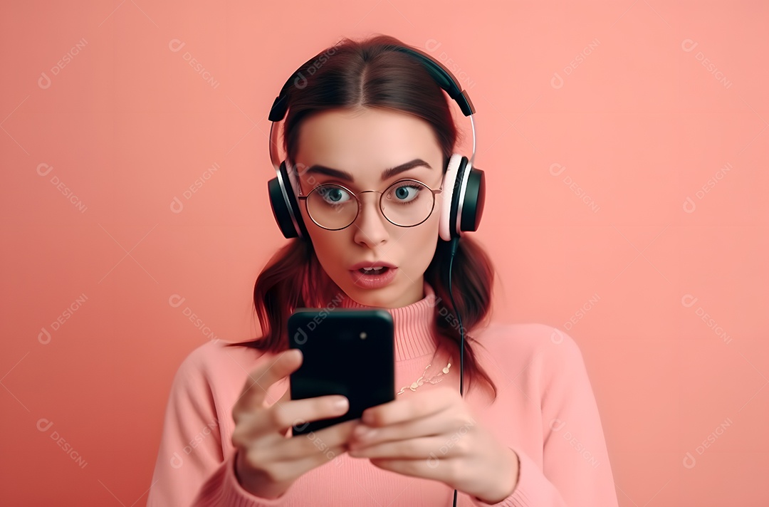 Linda mulher jovem usando óculos fones de ouvido segurando celular smartphone