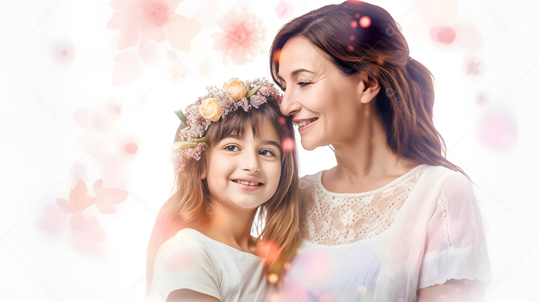 Linda mulher mãe ao lado de sua filha sobre fundo isolado