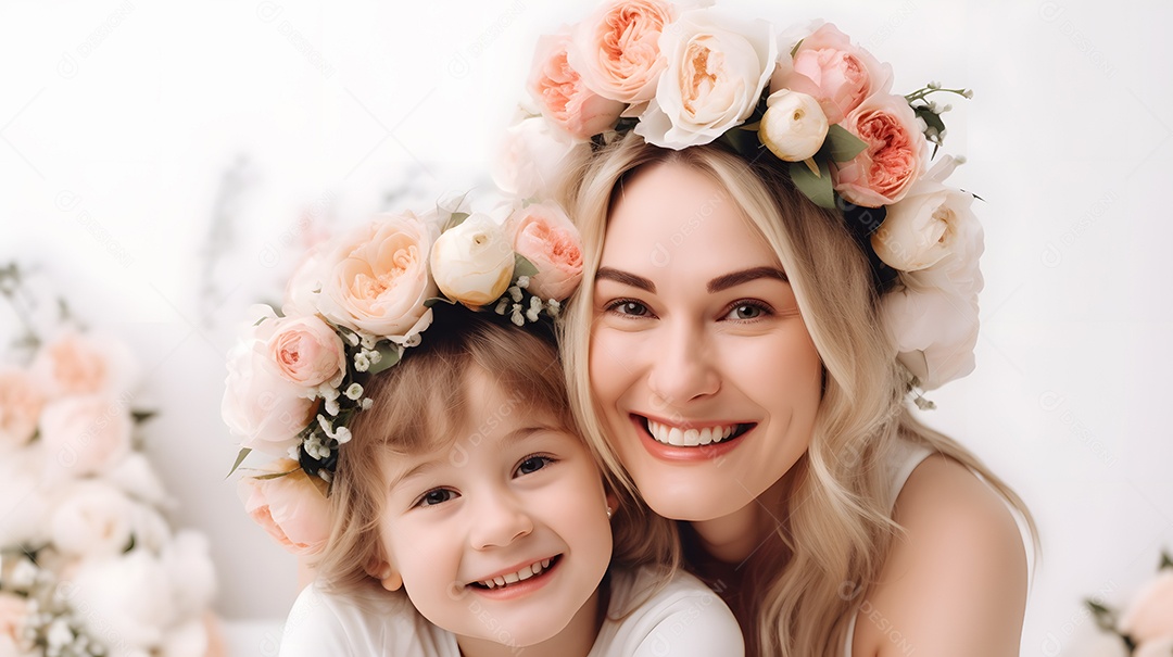 Linda mulher mãe ao lado de sua filha sobre fundo isolado