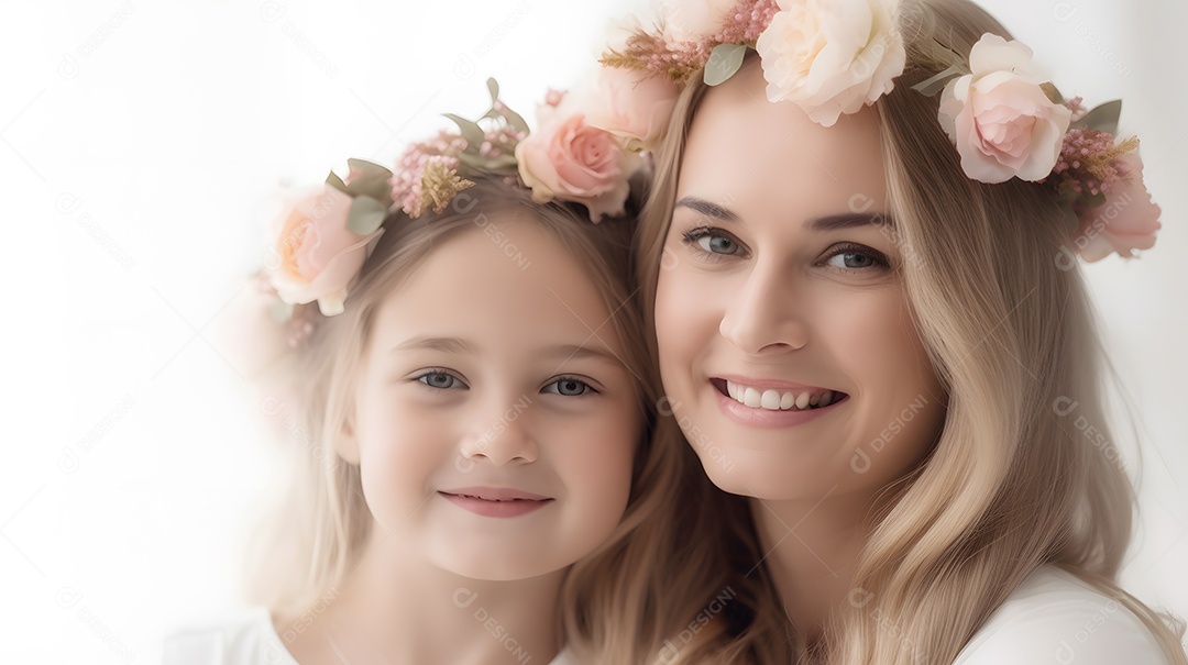 Linda mulher mãe ao lado de sua filha sobre fundo isolado