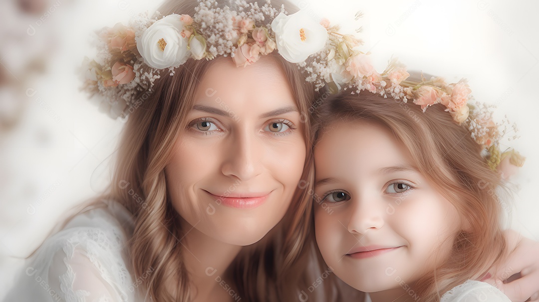 Linda mulher mãe ao lado de sua filha sobre fundo isolado