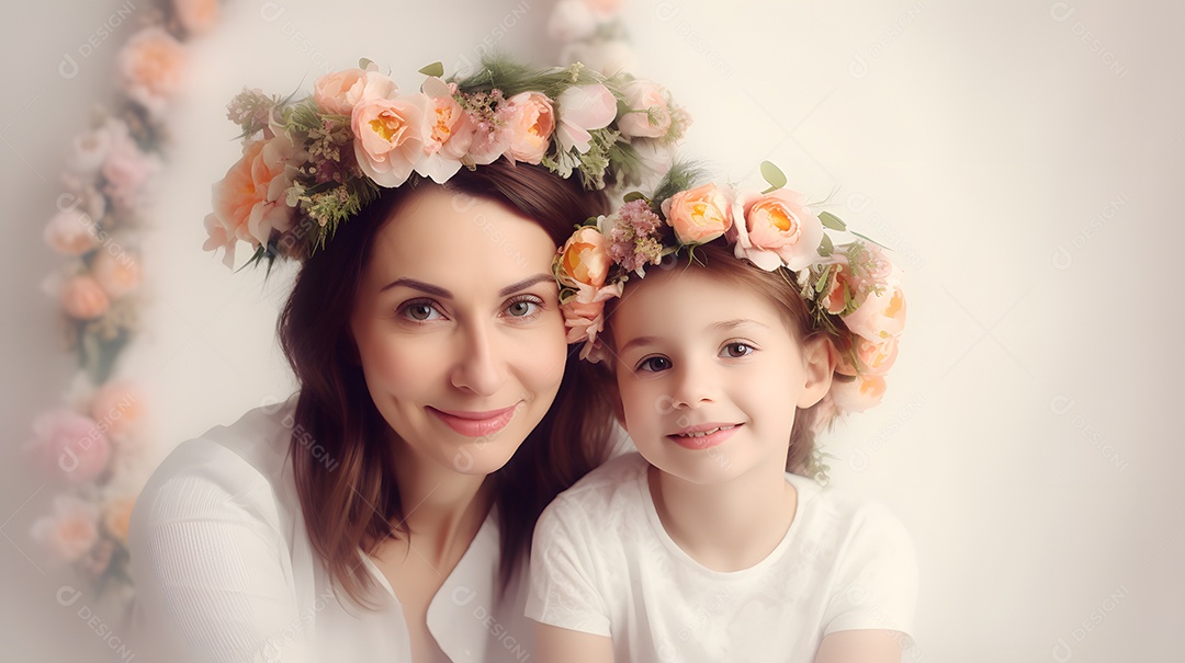 Linda mulher mãe ao lado de sua filha sobre fundo isolado