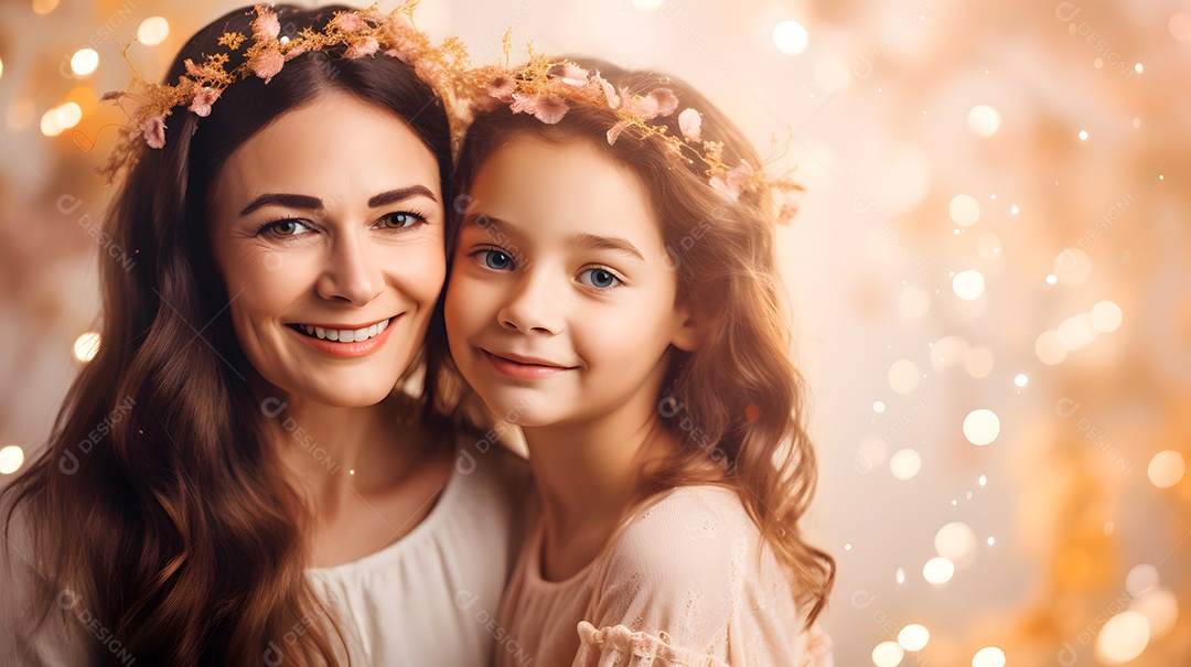 Linda mulher mãe ao lado de sua filha sobre fundo isolado