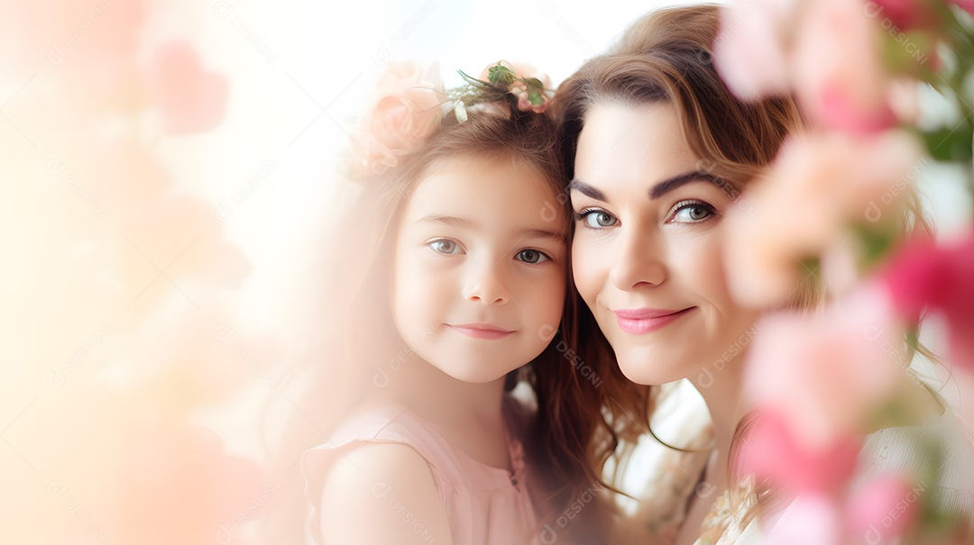 Linda mulher mãe ao lado de sua filha sobre fundo isolado